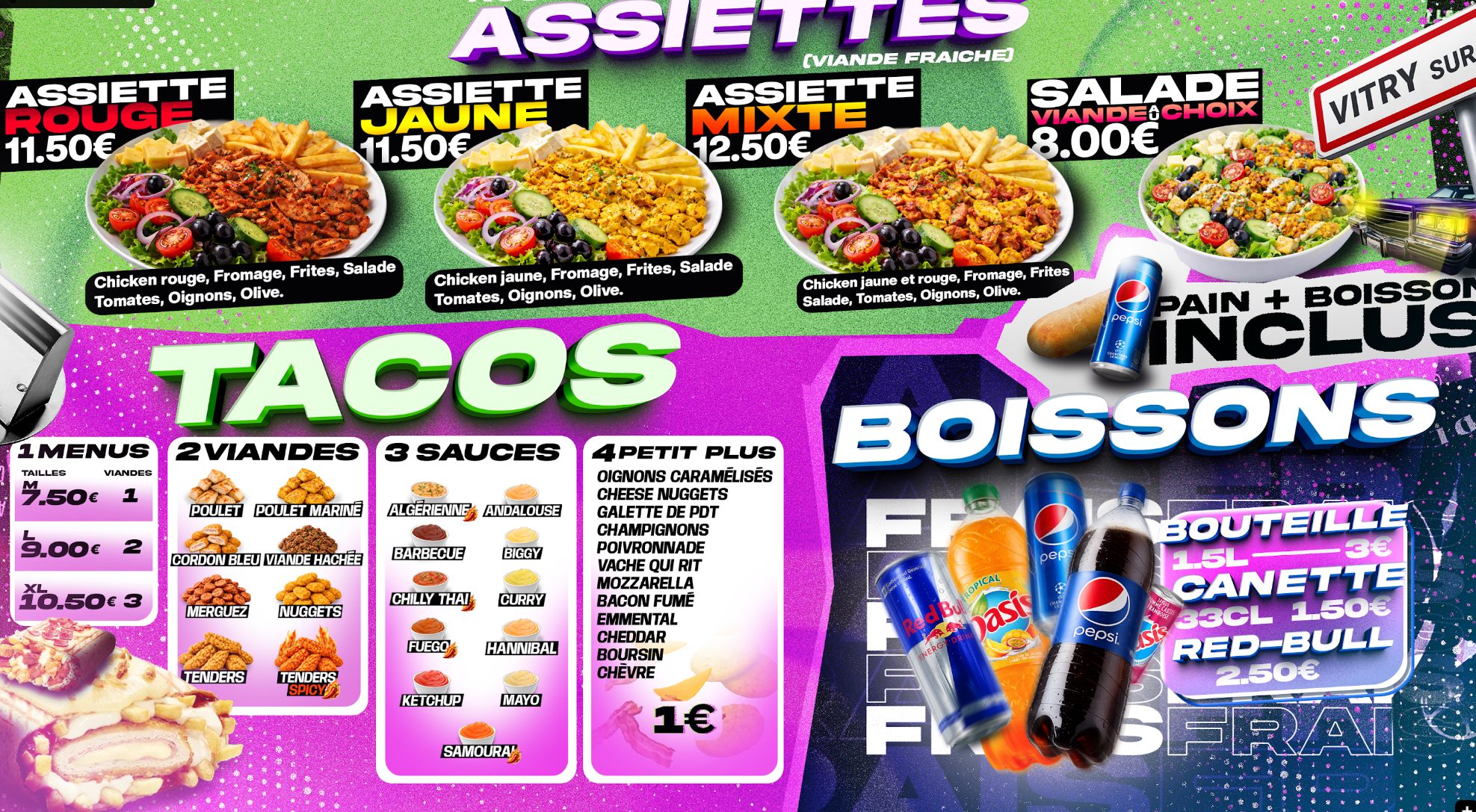 Carte des assiettes, salades, tacos et boissons CroqCity : assiette rouge, jaune, mixte, salade, tacos M, L, XL