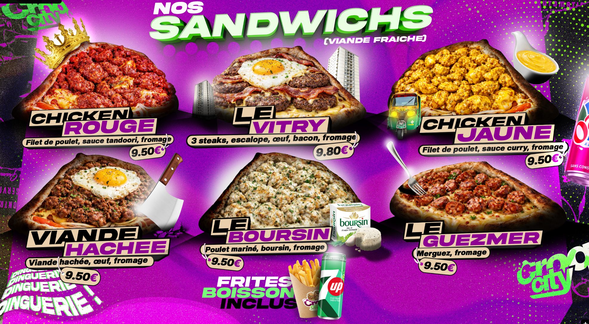 Carte des sandwichs CroqCity : Chicken Rouge, Le Vitry, Chicken Jaune, Viande Hachée, Le Boursin, Le Guezmer