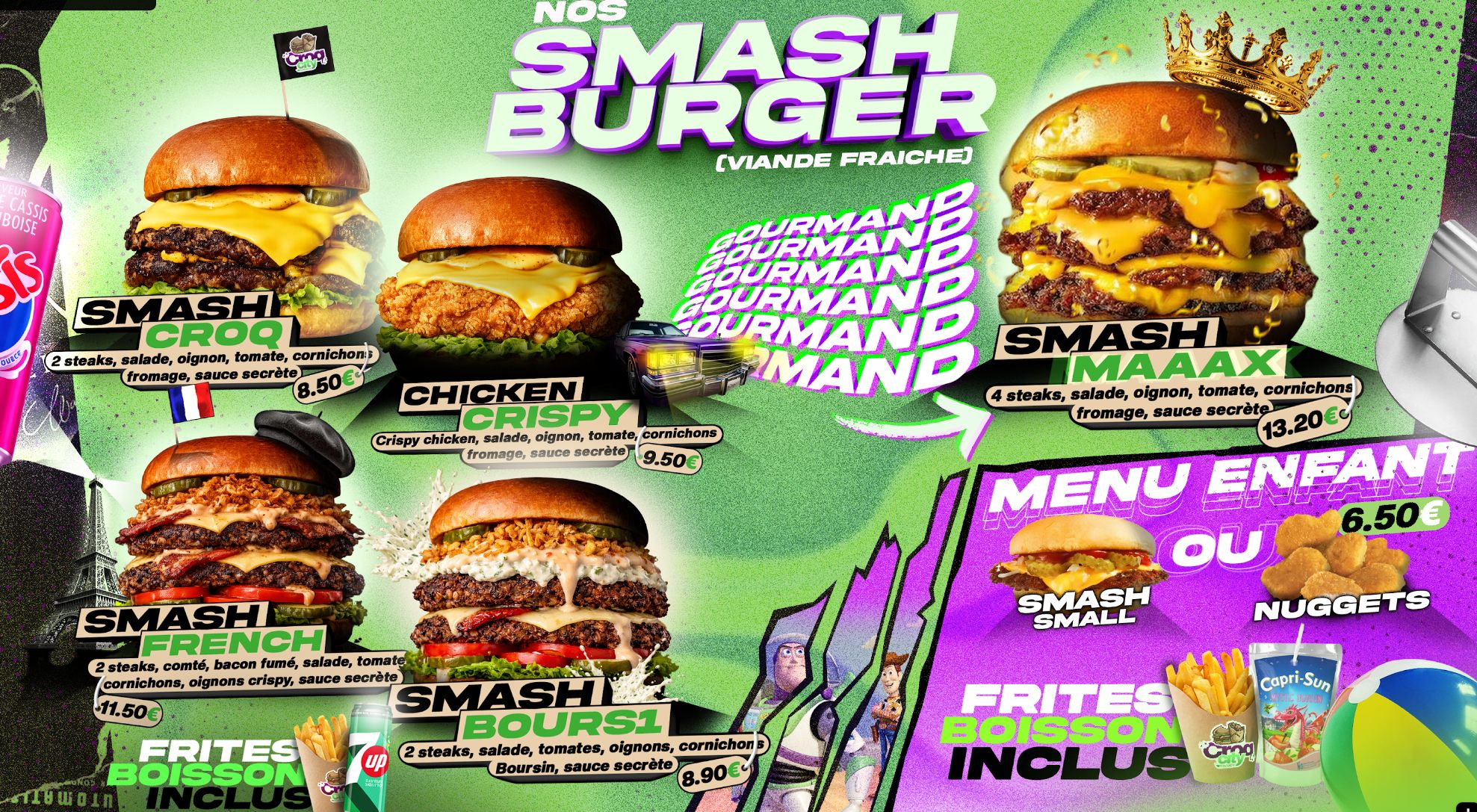 Carte des smash burgers CroqCity : Smash Croq 8,50 €, Chicken Crispy 9,50 €, Smash French 11,50 €, Smash Boursin 8,90 €, Smash Maaax 13,20 €, menu enfant 6,50 €